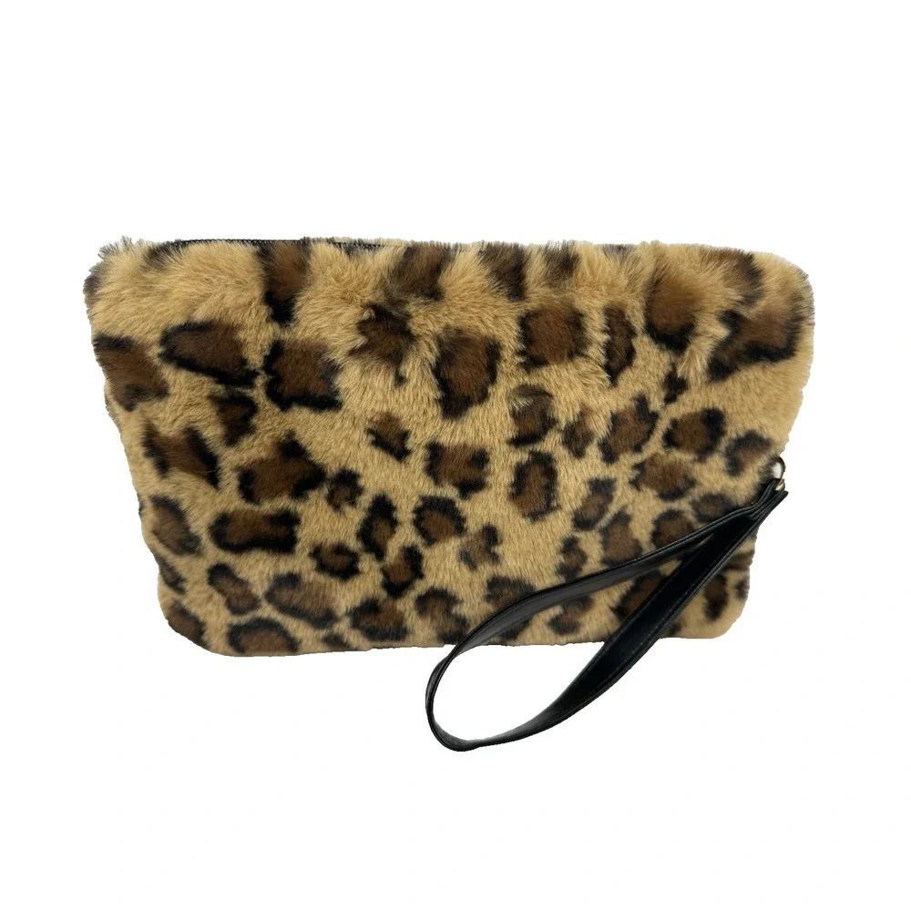 Jane & Berry Fuzzy Leopard Print Wristlet Faux Fur Clutch Y2K Animal Print